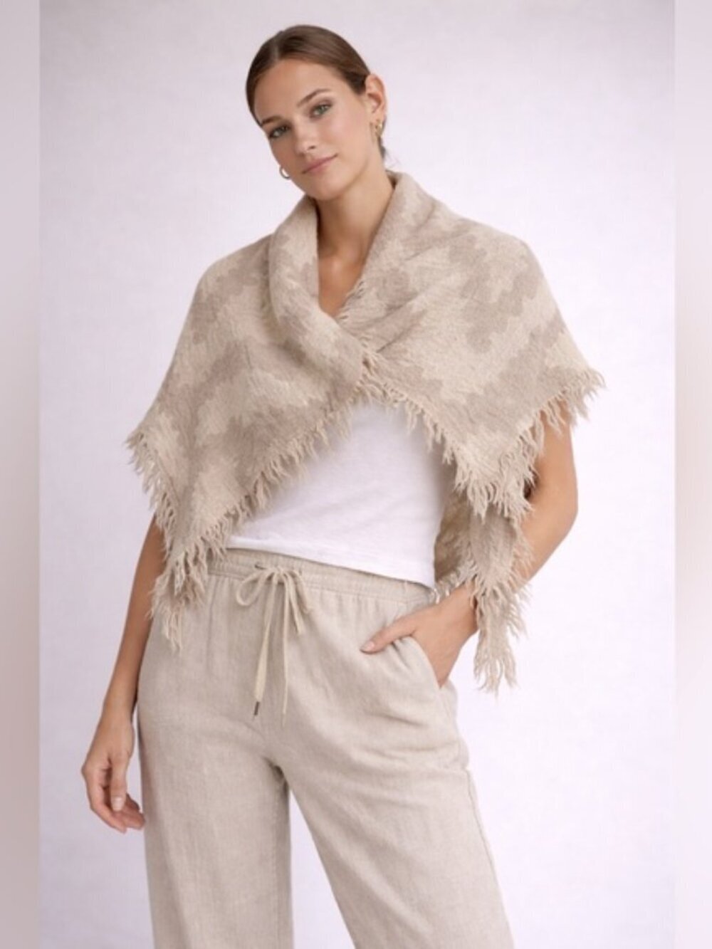 Neutral Geometric Fringe Poncho Wrap Shawl Beige Cream One Size